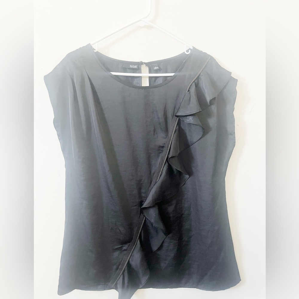 A.n.a. Black Statement Front Zipper Ruffle Cap Sleeve Blouse